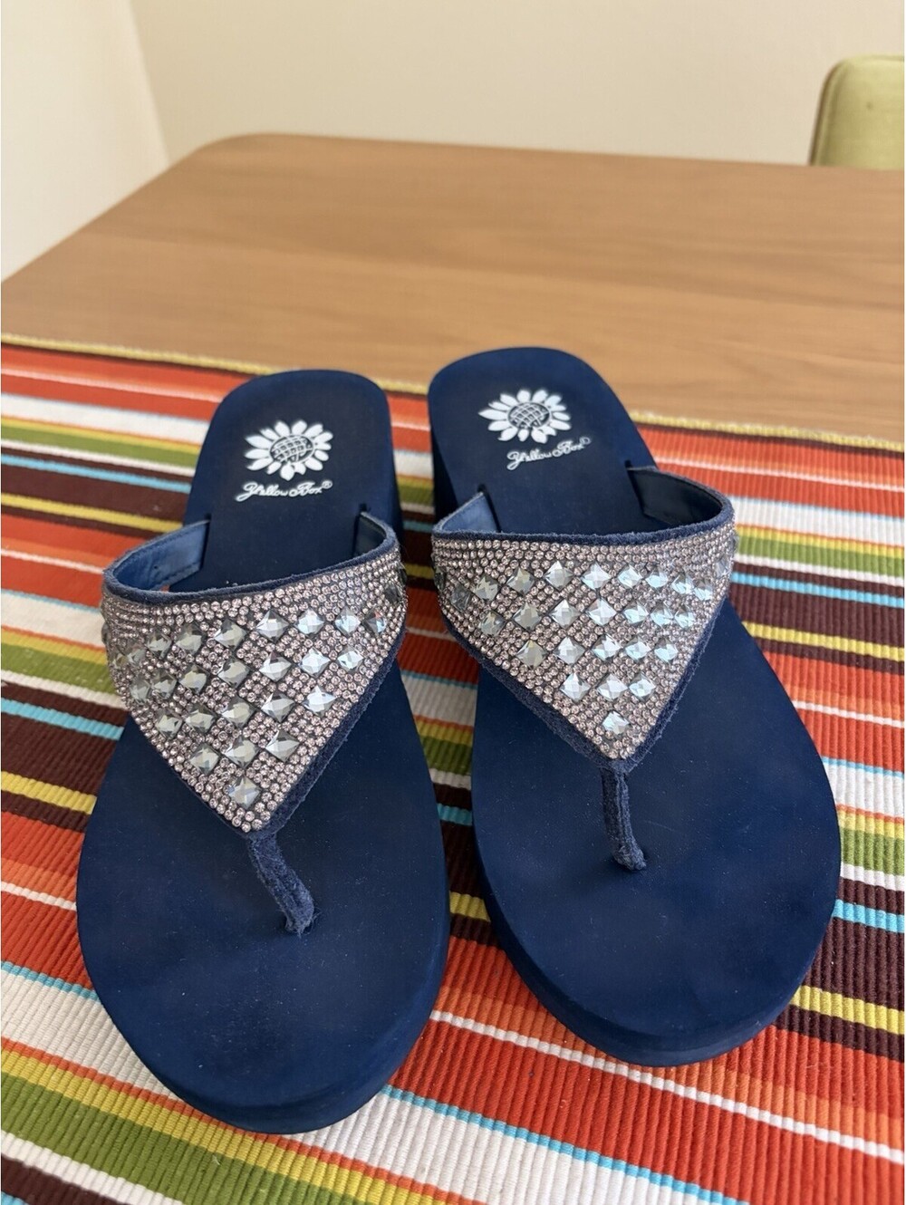 Yellow Box Women's Sandals 8 Navy with Rhinestones Leather Upper Bling